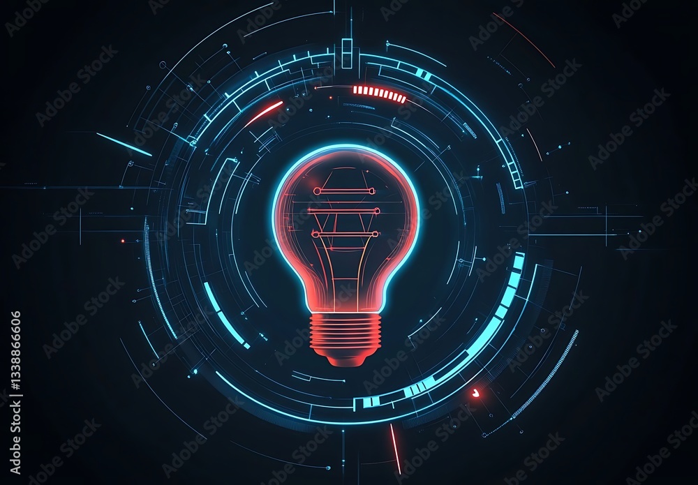 Poster abstract futuristic background featuring an illuminated light bulb and glowing digital elements on a