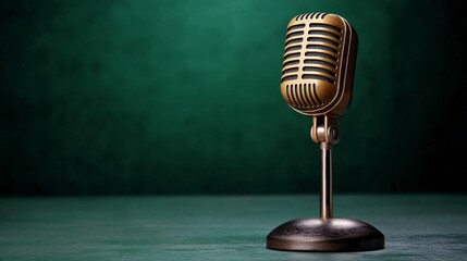 Vintage Microphone on Stand with Green Background for Music, Podcasting, and Performance Themes