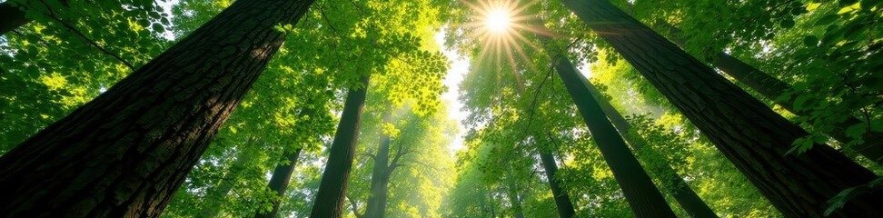 Sun-dappled redwood canopy, sunlight filtering through leaves, photography, tall, green