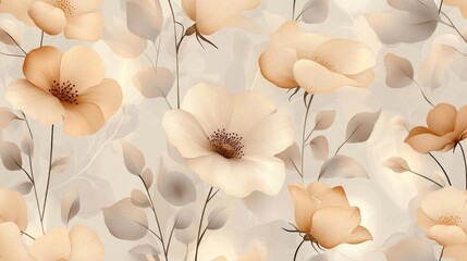Soft Beige Watercolor Floral Pattern Backgrounds Used For Decoration Or Wallpapering Purposes. Used For Creating A Calm And Relaxing Atmosphere. With Delicate Watercolor Techniques To Create Seamless