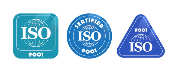 Set of ISO 9001 certification badges in different shapes and styles. Ideal for quality assurance, compliance, business certification, and industry standards. Vector illustration 
