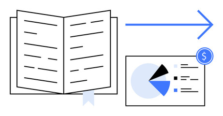 Open book with an arrow pointing to analytics dashboard showing graphs. Ideal for learning, education, knowledge sharing, research, finance, business analysis, data-driven decisions. Flat simple