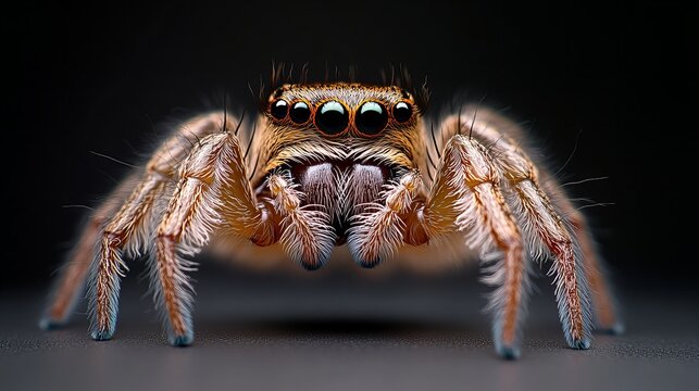 Jumping spider with hairy legs is standing on a smooth dark surface with six visible eyes and detailed face against a blurred background, showcasing t
