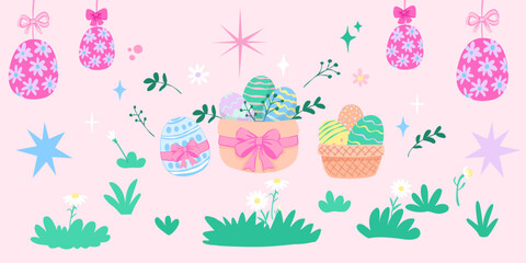 Bundle set of basket of eggs easter pastel color with green bushes, pink ribbon, and star element vector graphic illustration