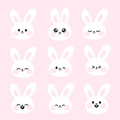 Bundle set of rabbit bunny head easter pastel color with smile, excited, laugh, sleepy expressions vector graphic illustration