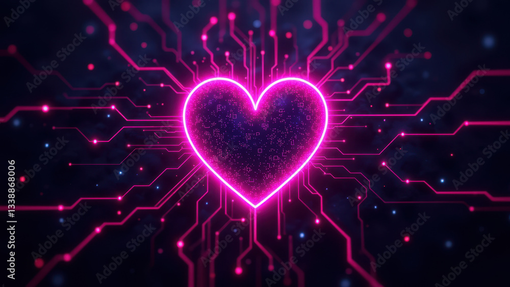 Poster a vibrant digital heart symbol with a cybernetic or kubernetes theme.