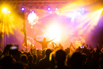 Crowd at concert and blurred stage lights.