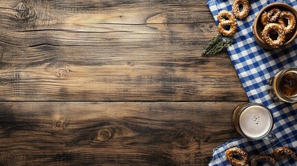 A rustic wooden background with an Asian touch, adorned with a blue and white checkered tablecloth, pretzels, and beer on the right side of the photo. Bavarian-style decorations in a wide banner forma