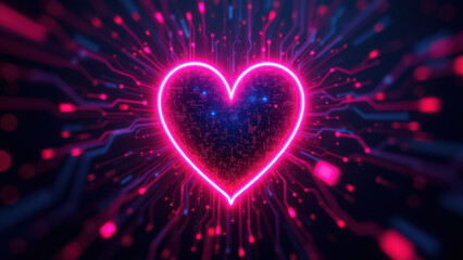 A vibrant pink heart symbolizing love or passion within a digital cybersecurity theme.