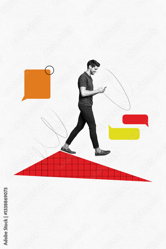 Poster exclusive image vertical photo collage of happy man type message phone communication speech colorful
