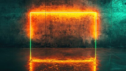 Vibrant orange and green neon lights on a dark, grunge background with reflections.
