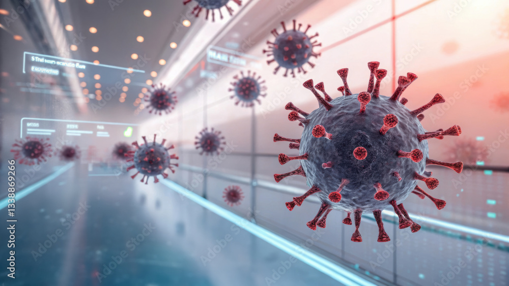 Poster virus outbreak and containment concept. floating virus particles with digital warning lab environmen