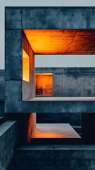Abstract Architectural Wonder: A modern, minimalist structure with bold geometric shapes and warm interior illumination creates a striking contrast, emphasizing both form and light. 