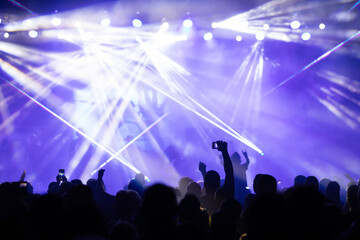 Crowd at concert and colorful stage lights.