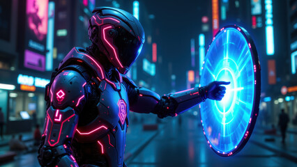 Naklejka premium A futuristic cyber-warrior holding a glowing circular device amidst neon city lights, symbolizing advanced technology in action.