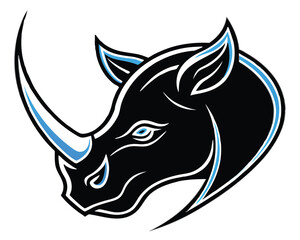 A stylized logo with in blue, white, red, and orange. The orange color is used for the stylized Rhinoceros head. The Rhinoceros head has its eyes closed and its mouth open. The background is black.