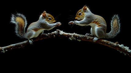 Fototapeta premium A photograph of two squirrels playing on a branch