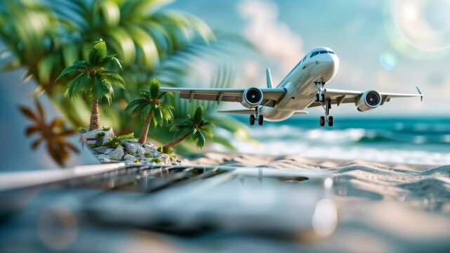 Airplane Flying Over Laptop Keyboard on Tropical Beach &ndash; Concept of Remote Work, Digital Nomad Lifestyle, Travel, and Online Business Opportunities