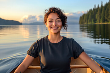 Fototapeta premium Young woman wearing short sleeve black tee sitting in boat floating on calm lake. Women's regular fit сrewneck t-shirt mockup. Holiday, vacation outdoors lifestyle basic tee template