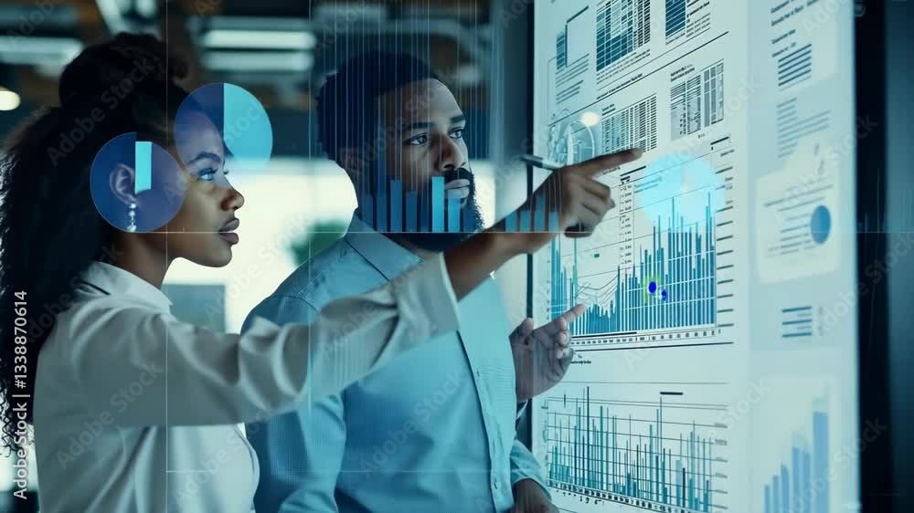Poster In a modern business setting, two professionals collaborate to analyze complex data visualizations on a digital screen, showcasing the impact of teamwork and technologydriven insights