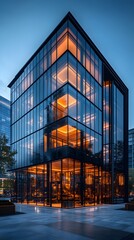 Modern Architectural Marvel: A striking modern building featuring a glass facade, showcasing sleek lines and illuminated interiors, epitomizing contemporary design and urban elegance. 