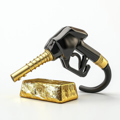 Fuel pump nozzle with gold bar symbolizes energy and wealth