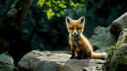 A red fox cub is sitting on the rocks in its den