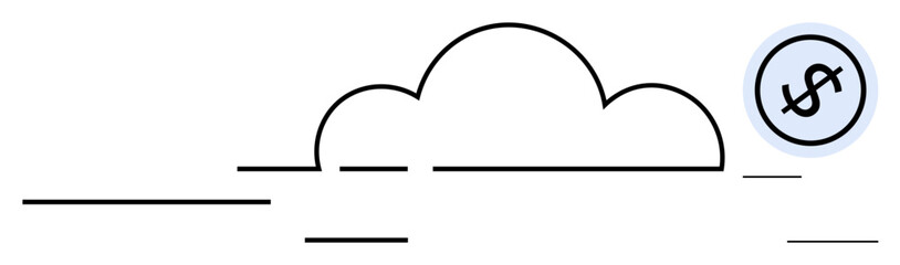 Cloud outline with a dollar sign emphasizes cost, digital transformation, and tech innovation. Ideal for finance, data storage, business efficiency, economy, online services, cloud technology flat
