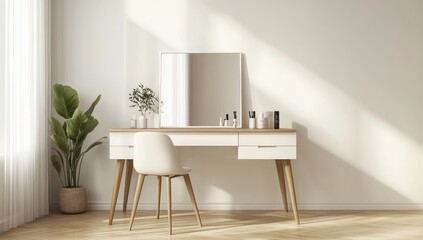 White makeup table with mirror and chair, white wall background, light wood legs,