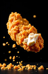 A crispy golden-brown fried chicken fillet with a crunchy coating and tender white meat inside, surrounded by floating crumbs. Flying, levitation, black background.