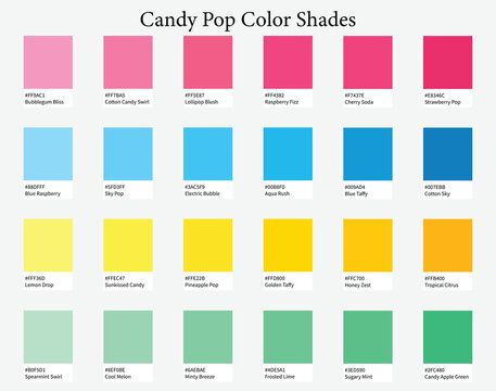 Color Palette 24 Candy Pop Colours - Bright, Energetic, Vibrant Pink, Blue, Yellow, Green Tones - with HEX Codes and Names, Colour Scheme and Combinations
