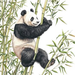 Obraz premium Panda climbs bamboo in a curious and joyful manner. Watercolor art showcases adorable nature. Bamboo forest backdrop enhances the scene.
