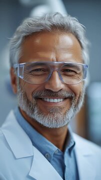 Smiling doctor in a laboratory setting with safety glasses and a lab coat. Ideal for Social Media, Stories, Advertising