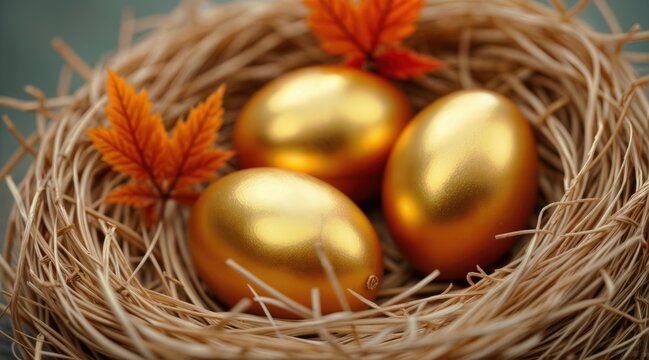 Trio of smooth golden eggs in straw nest filled with autumn leaves, rich metallic sheen, natural light from top, close-up high angle, minimalist style, symbol of wealth, prosperity, natural rustic bea