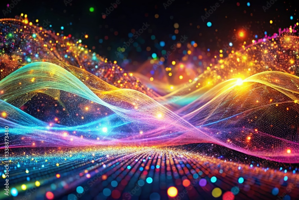 Poster panoramic abstract technology background: digital wave of data particles in cyberspace