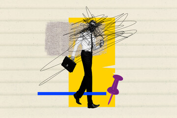 Composite photo collage of anonym man manager long legs carry briefcase coffee cup beverage...