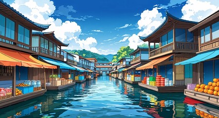 Obraz premium Colorful floating market stalls built over the water building design on manga design illustration background
