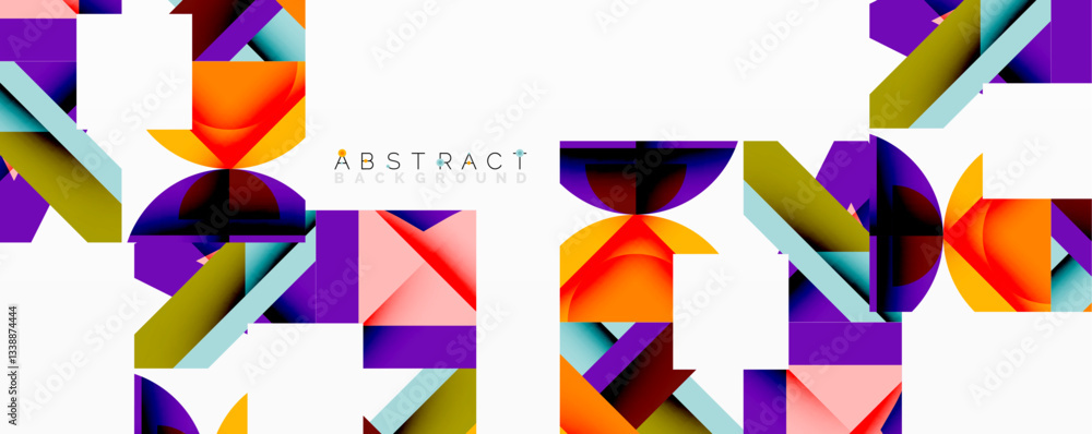 Poster abstract geometric composition with interlocking circular and angular shapes, featuring smooth gradi