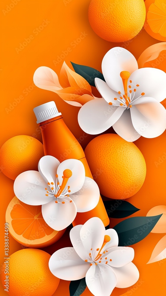 Poster orange beverage bottle is surrounded by oranges and white flowers on a vibrant orange background cre