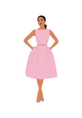 Beautiful Woman in fashion pink dress for evening or cocktail party, event. Pretty girl wearing stylish clothes. Vector realistic illustration isolated on white background.