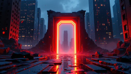 A cyber-themed image with a neon door entrance to an abandoned cityscape representing cybersecurity and DevOps challenges.