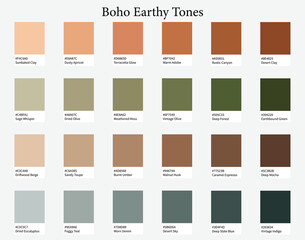 Color Palette 24 Boho Earthy Tones - Vintage Aesthetic, Rustic, Soft Terracottas, Olives, Browns - with HEX Codes and Names, Colour Scheme and Combinations