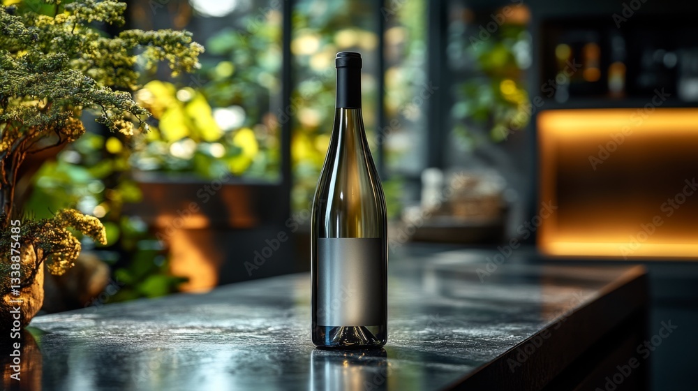 Aufkleber a wine bottle stands prominently on a polished bar counter, illuminated by soft lighting. lush green