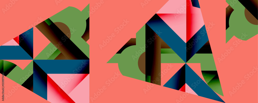 Poster Abstract geometric composition with interlocking circular and angular shapes, featuring smooth gradients and sharp contrasts on a white background