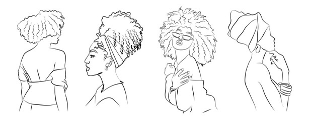 Set of Abstract African american women portraits in minimalistic modern line art style. Trendy design for beauty logo, print, tattoo, card. Vector black ink sketch isolated on white background.