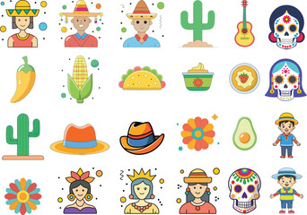 Cinco de mayo celebration in Mexico icons set