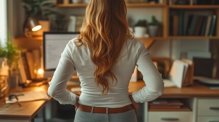Woman with Long Brown Hair Working at Home Office Desk Rear View