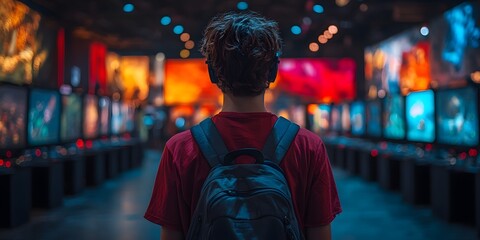 Gamer's Paradise: A young individual, viewed from behind, stands in a vibrant gaming arcade filled with screens, backpack on, ready to embark on an interactive adventure