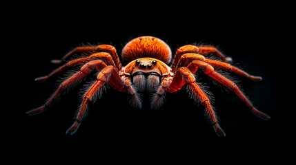 Orange spider is positioned centrally against a dark background, showcasing its hairy legs, multiple eyes, and intricate details in a studio photograp