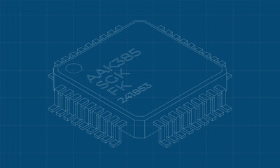 Microchip computer electronic component blueprint. Microchip icon. Isometric microchip. Computer processor technology. Microprocessor